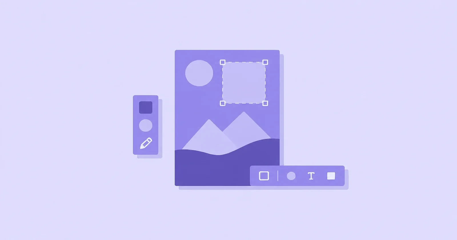 Illustration of a creative design studio editor with image and layout tools