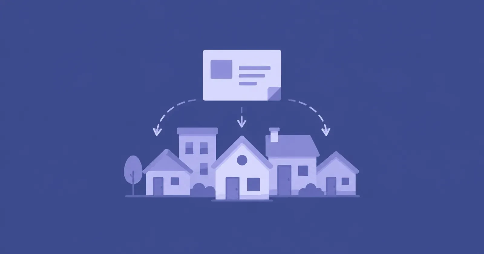 Illustration of a mail piece being distributed across a row of neighbourhood houses